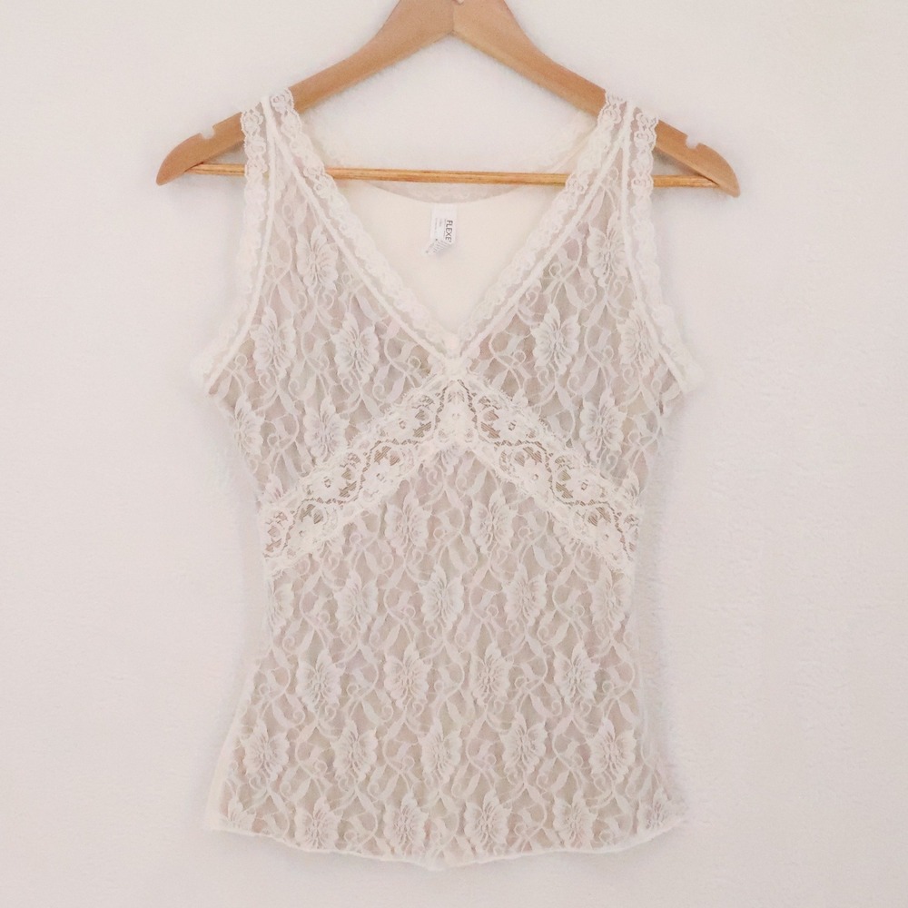 Y2K Lace Babydoll Cami Tank Top Womens Size L White Tan Coquette Fairy Layering